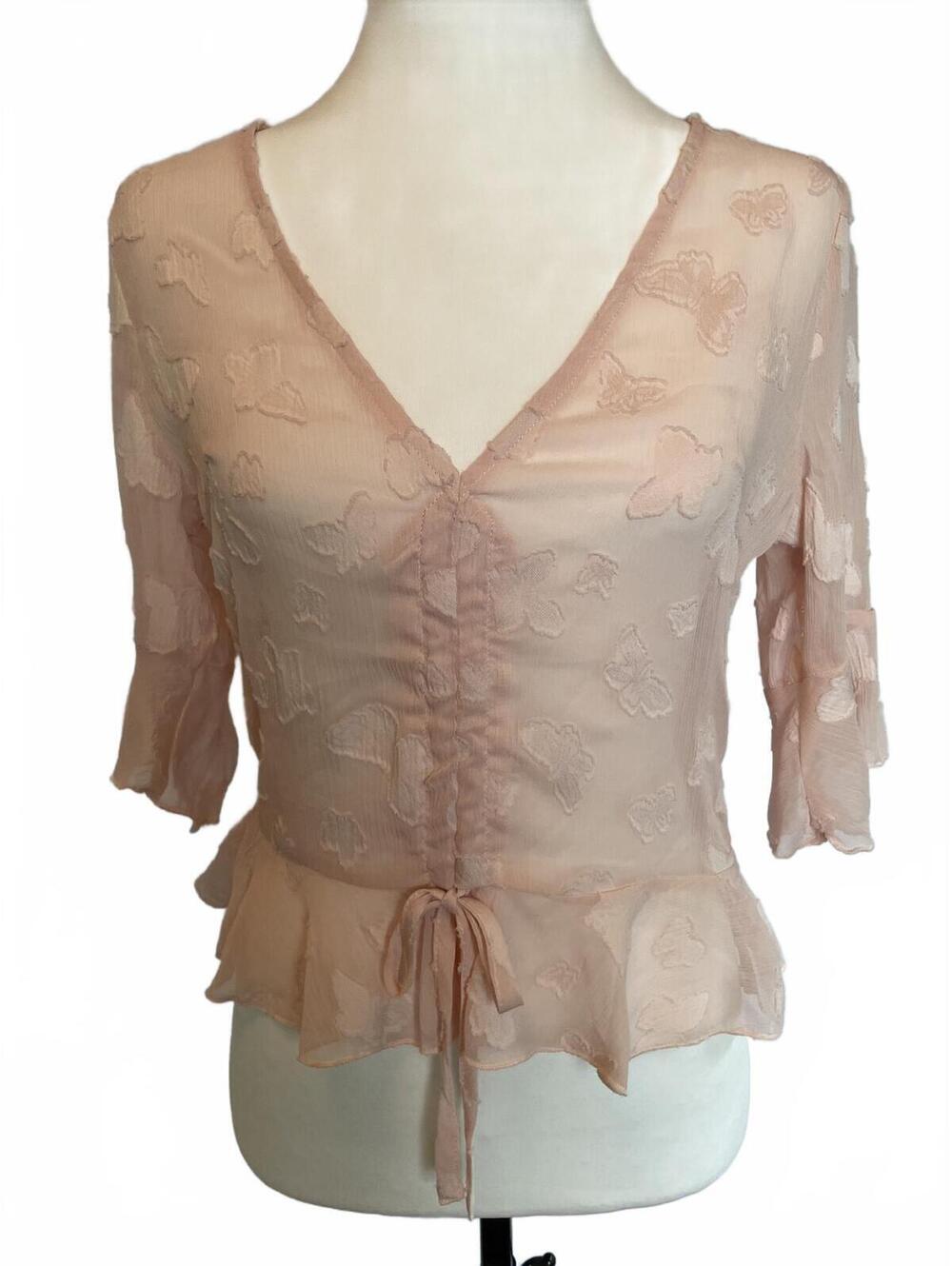 Karen Forbes Pink Butterfly Burnout Chiffon Peplum Blouse Women's Small